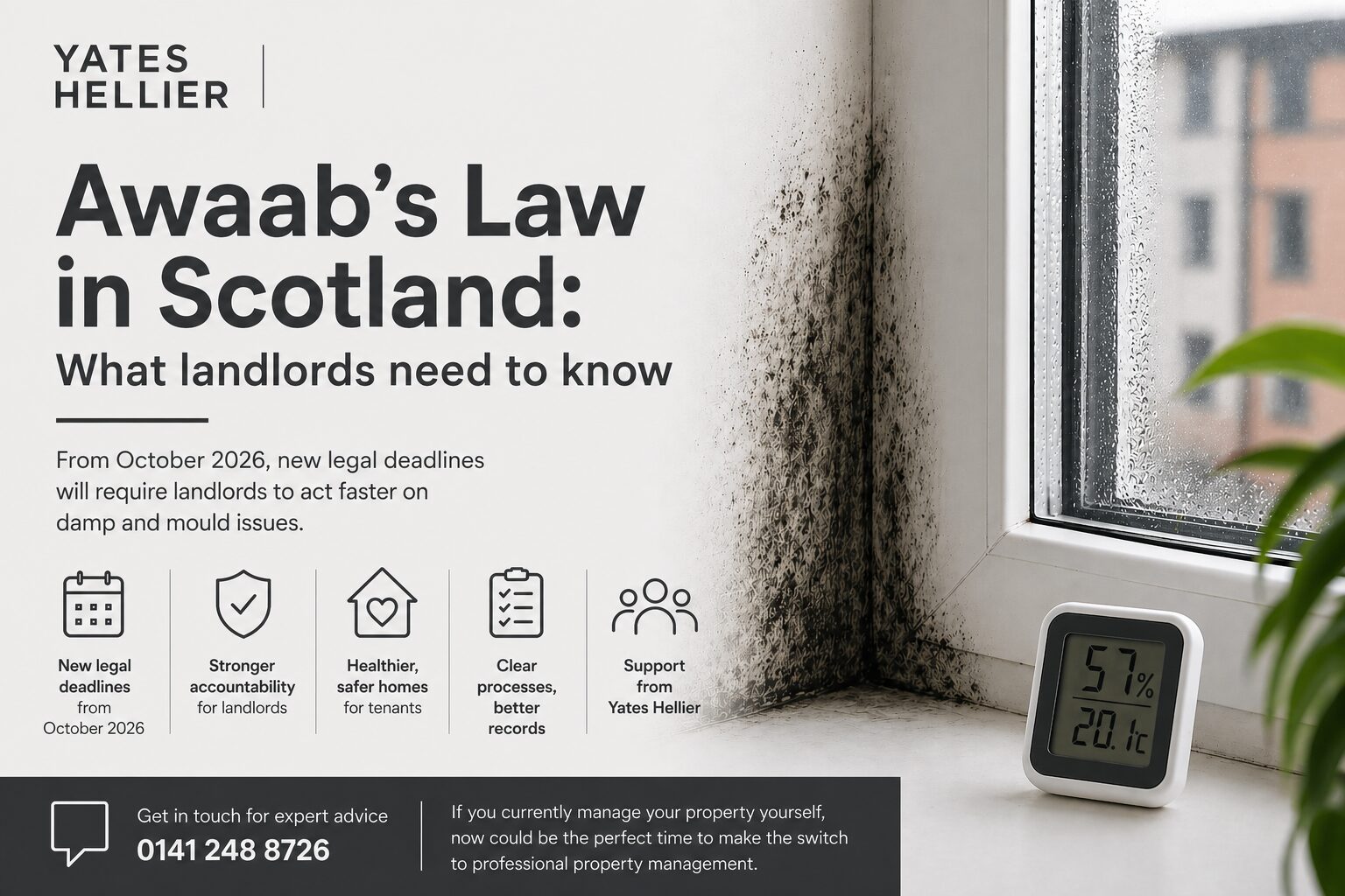 Awaab’s Law Scotland infographic showing damp and mould in a property with key landlord deadlines and compliance requirements from October 2026